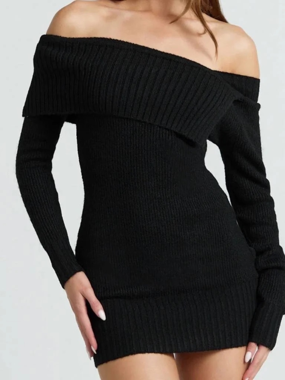 Showpo Black Off-The-Shoulder Ribbed Sweater Dress
